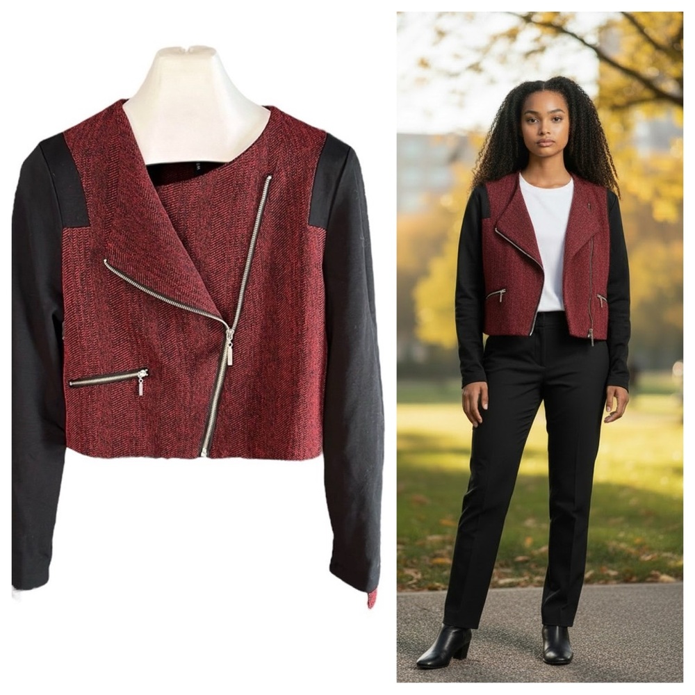 W118 by Walter Baker cropped herringbone moto jacket featuring black sleeves